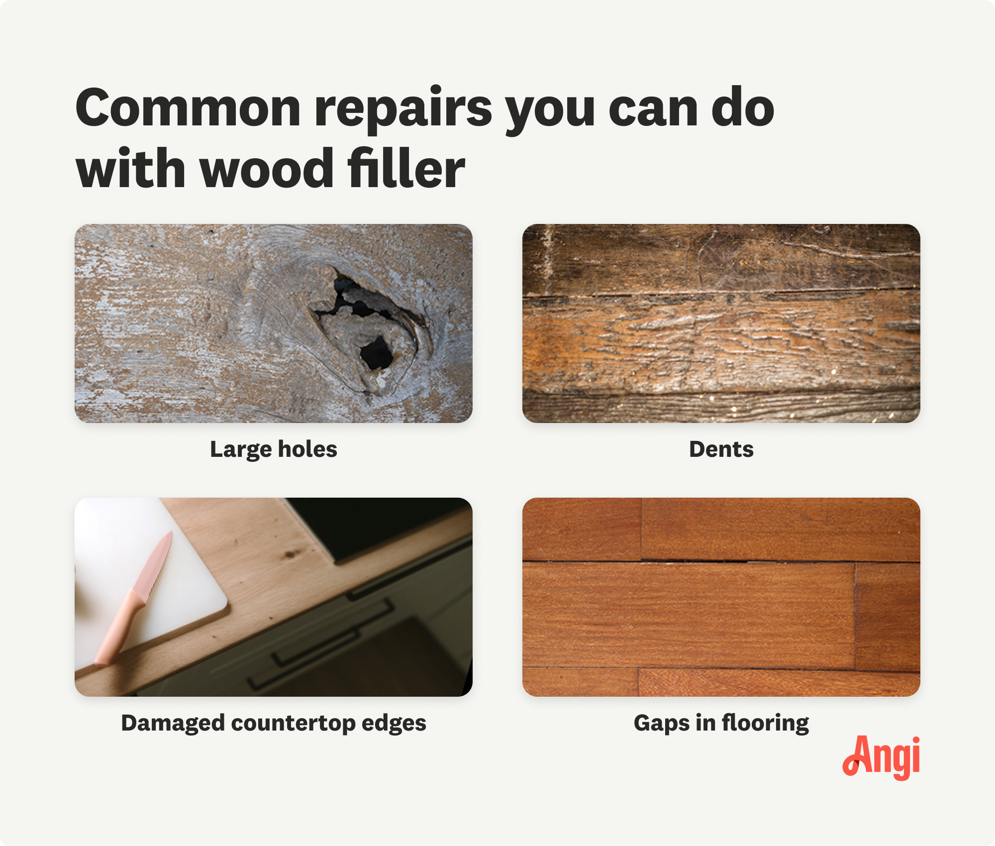 4 common repairs you can do with wood filler, including large holes, dents, damaged countertop edges, and gaps in flooring